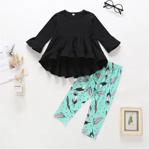 Girls Solid Ruffle Long Sleeve Top & Printed Pants