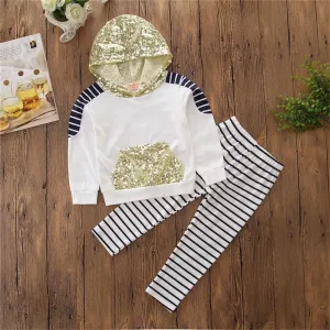 Girls Stripe Hooded Sequin Long Sleeve Top & Pants Wholesale Girls