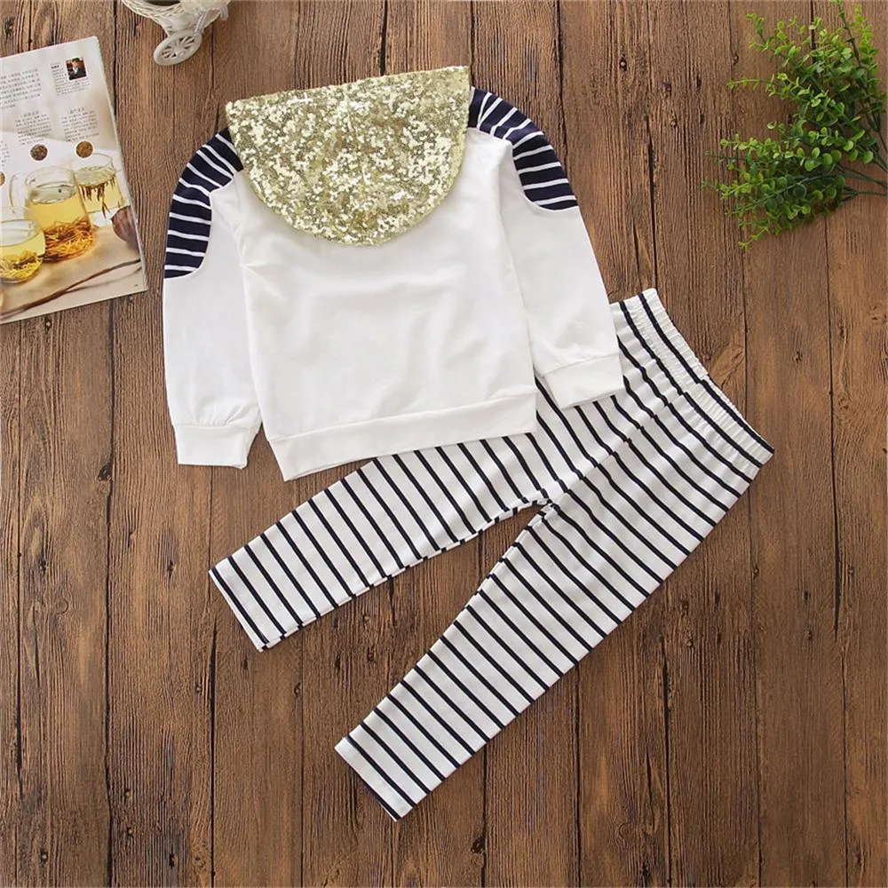 Girls Stripe Hooded Sequin Long Sleeve Top & Pants Wholesale Girls