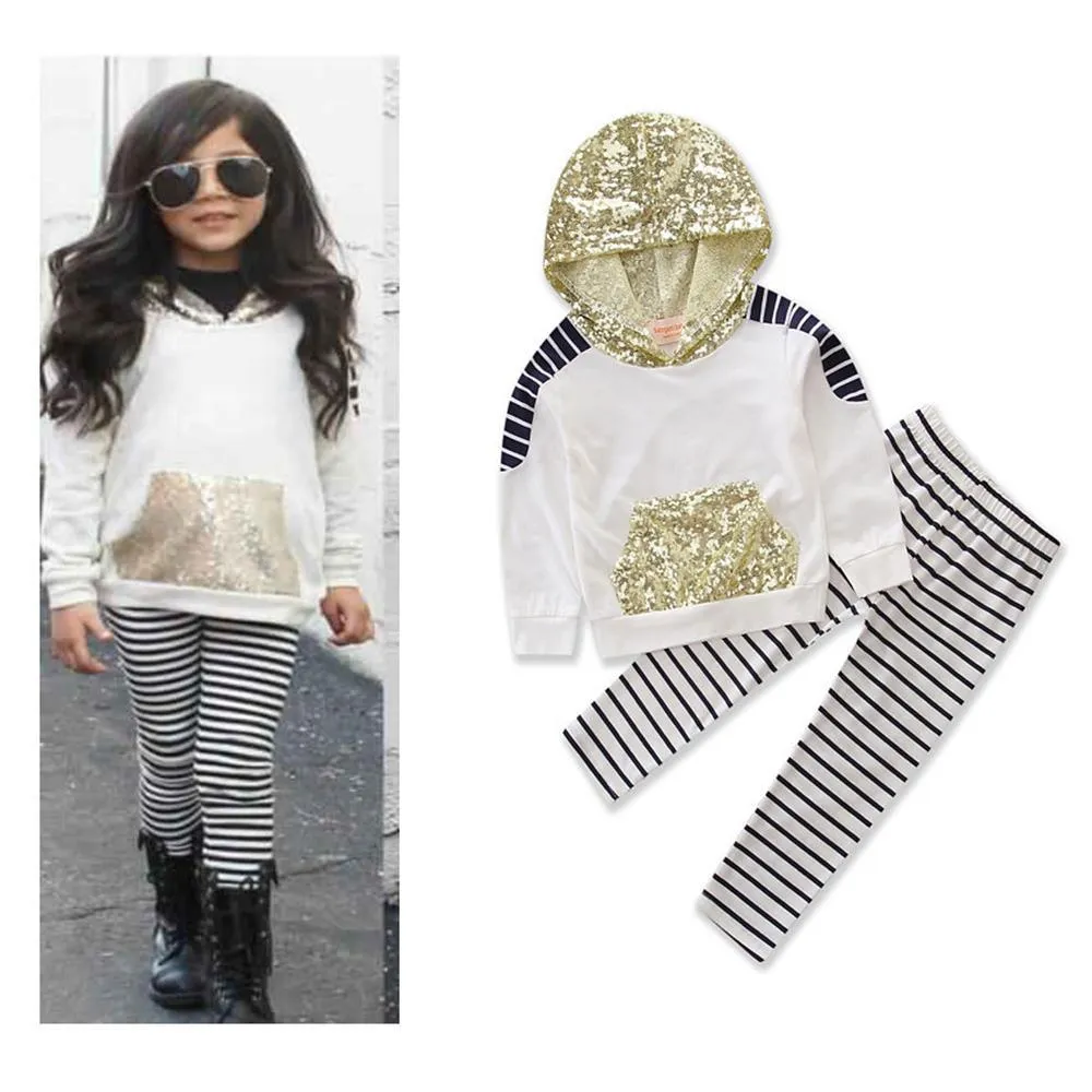 Girls Stripe Hooded Sequin Long Sleeve Top & Pants Wholesale Girls