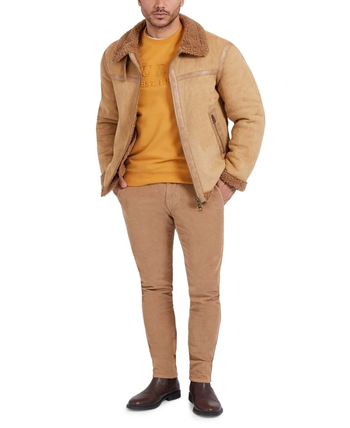 Guess Men's Faux-Shearling Full-Zip Jacket Light Brown Size S MSRP $198