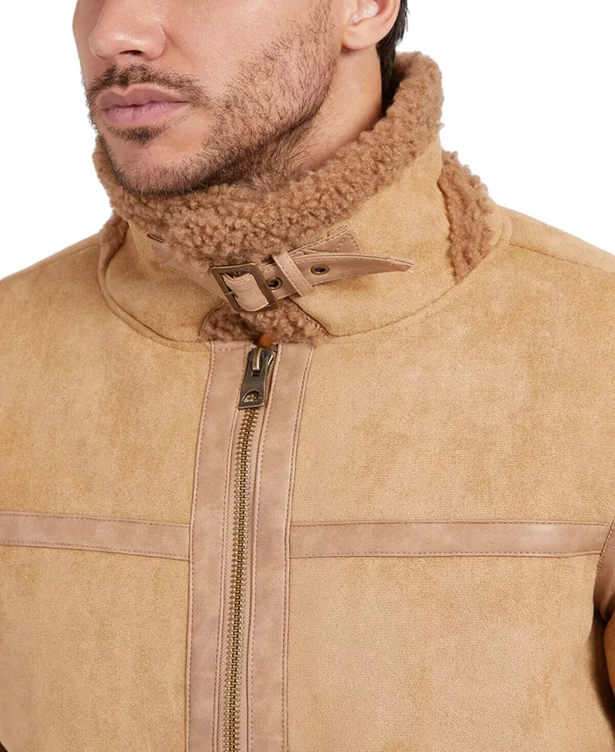 Guess Men's Faux-Shearling Full-Zip Jacket Light Brown Size S MSRP $198