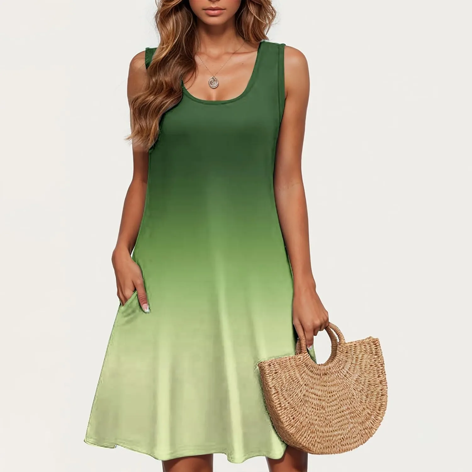 hlysgo Petite Dresses for Women with Pockets Summer Boho Sleeveless Crew Neck Mini Sundresses Trendy Beach Coverup Dress