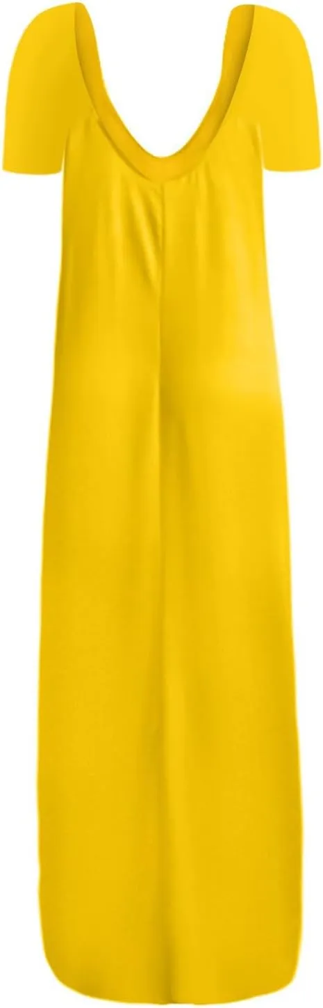 hlysgo Women V-Neck Short Sleeve Summer Dresses 2024 Plus Size Spring Casual Loose Fit Maxi Dress Pajamas with Pockets