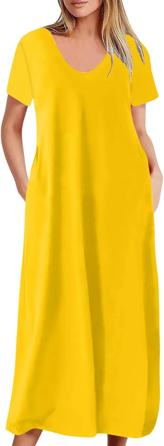 hlysgo Women V-Neck Short Sleeve Summer Dresses 2024 Plus Size Spring Casual Loose Fit Maxi Dress Pajamas with Pockets