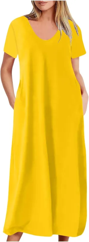 hlysgo Women V-Neck Short Sleeve Summer Dresses 2024 Plus Size Spring Casual Loose Fit Maxi Dress Pajamas with Pockets