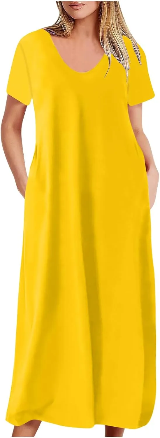 hlysgo Women V-Neck Short Sleeve Summer Dresses 2024 Plus Size Spring Casual Loose Fit Maxi Dress Pajamas with Pockets