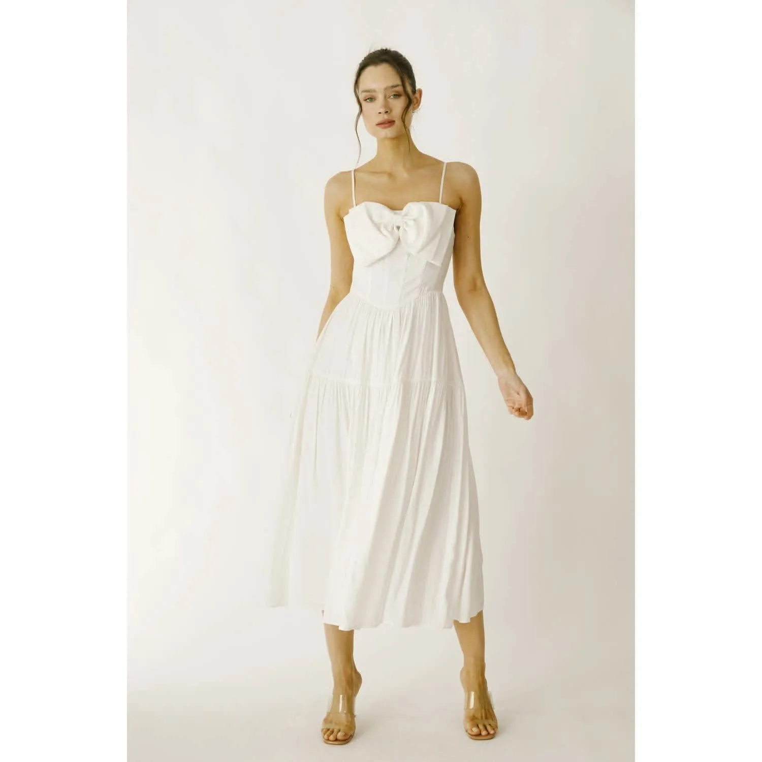 Ivory Monochromatic Bow Ruffle Midi Dress