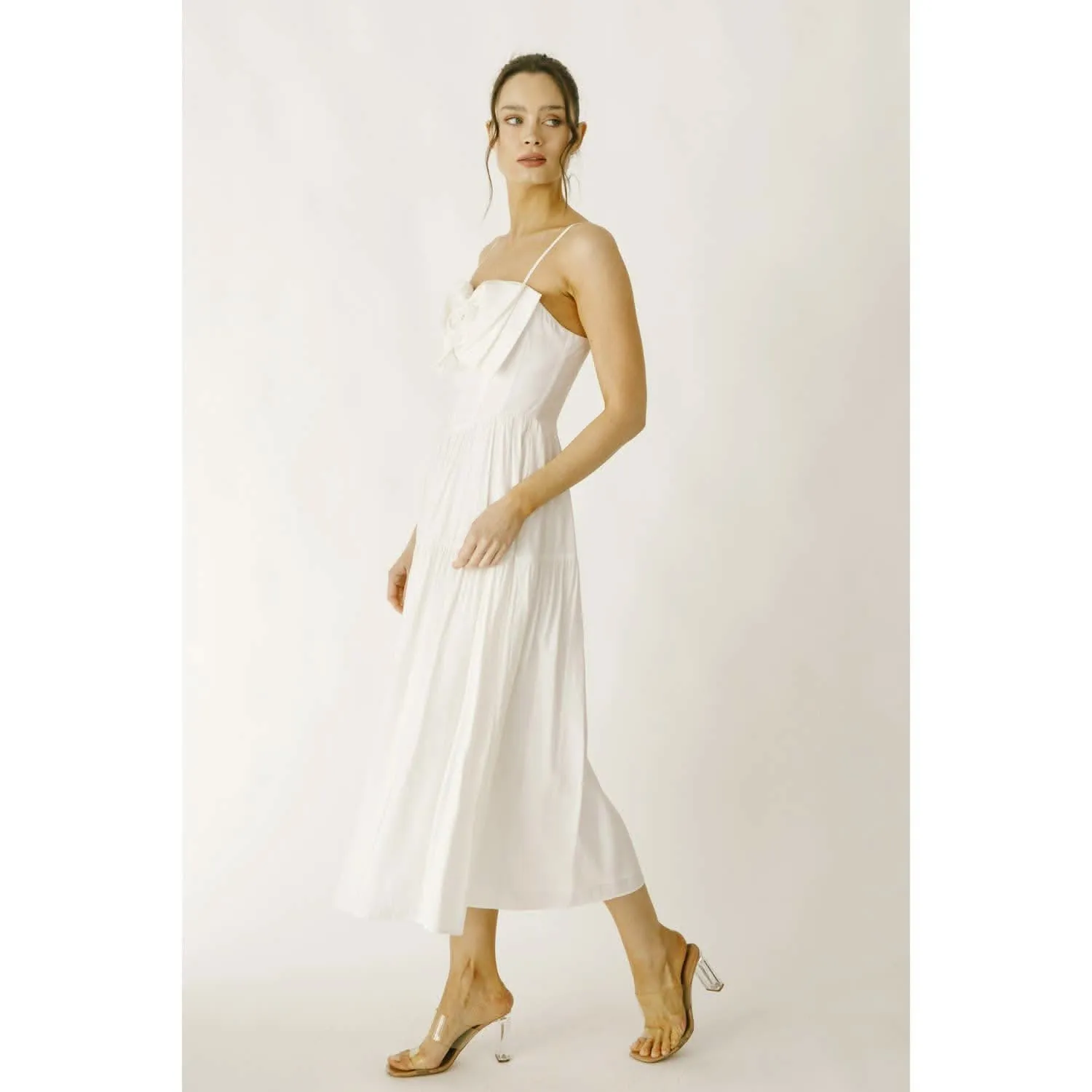 Ivory Monochromatic Bow Ruffle Midi Dress