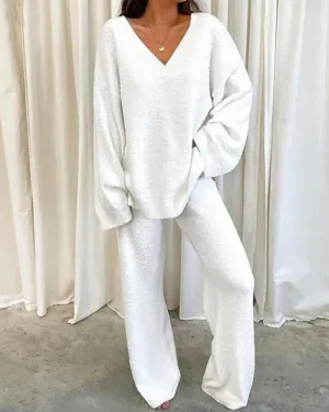 Ivyshape | Comfortable Solid Color V-Neck Daily Two-Piece Set