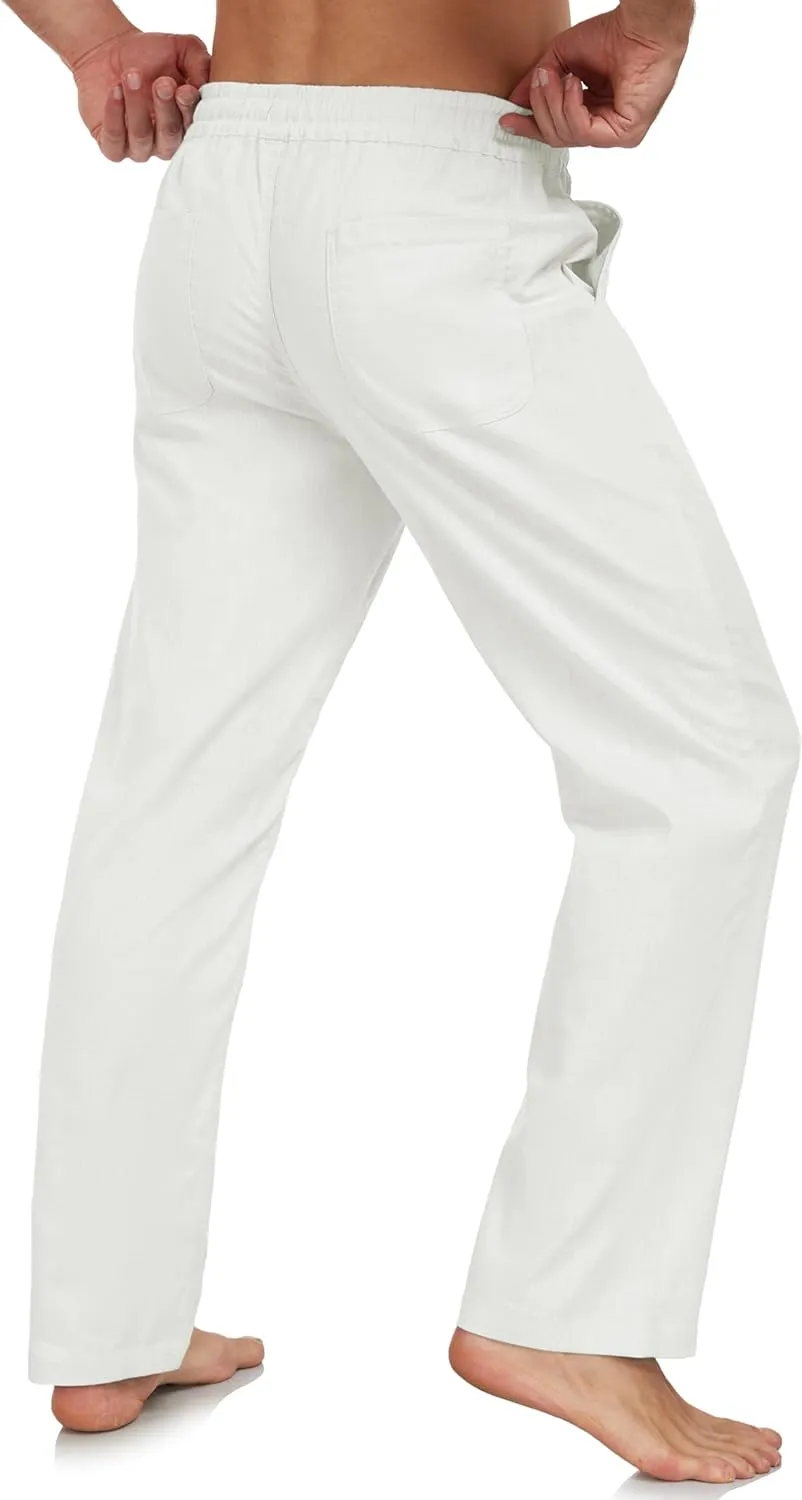 Janmid Men's Linen Pants Casual Elastic Waist Drawstring Yoga Beach Trousers