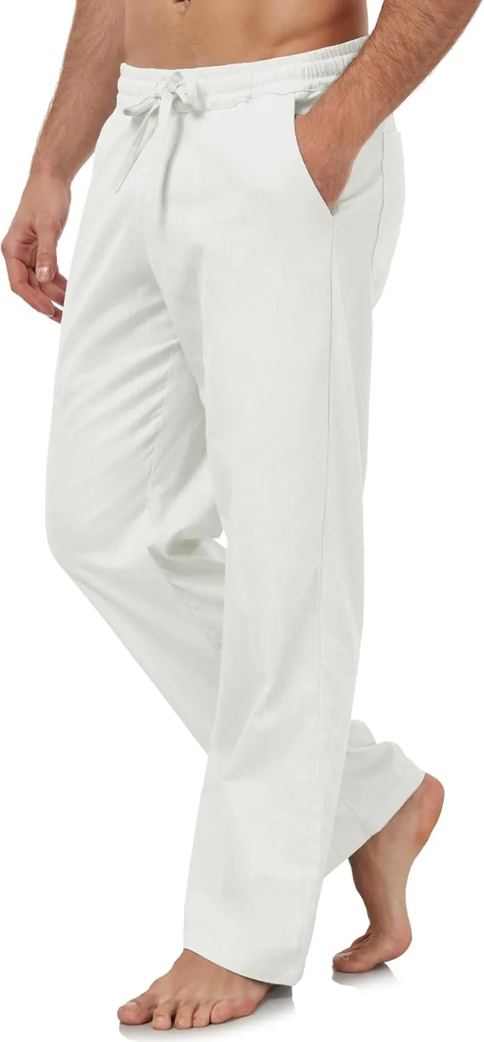 Janmid Men's Linen Pants Casual Elastic Waist Drawstring Yoga Beach Trousers