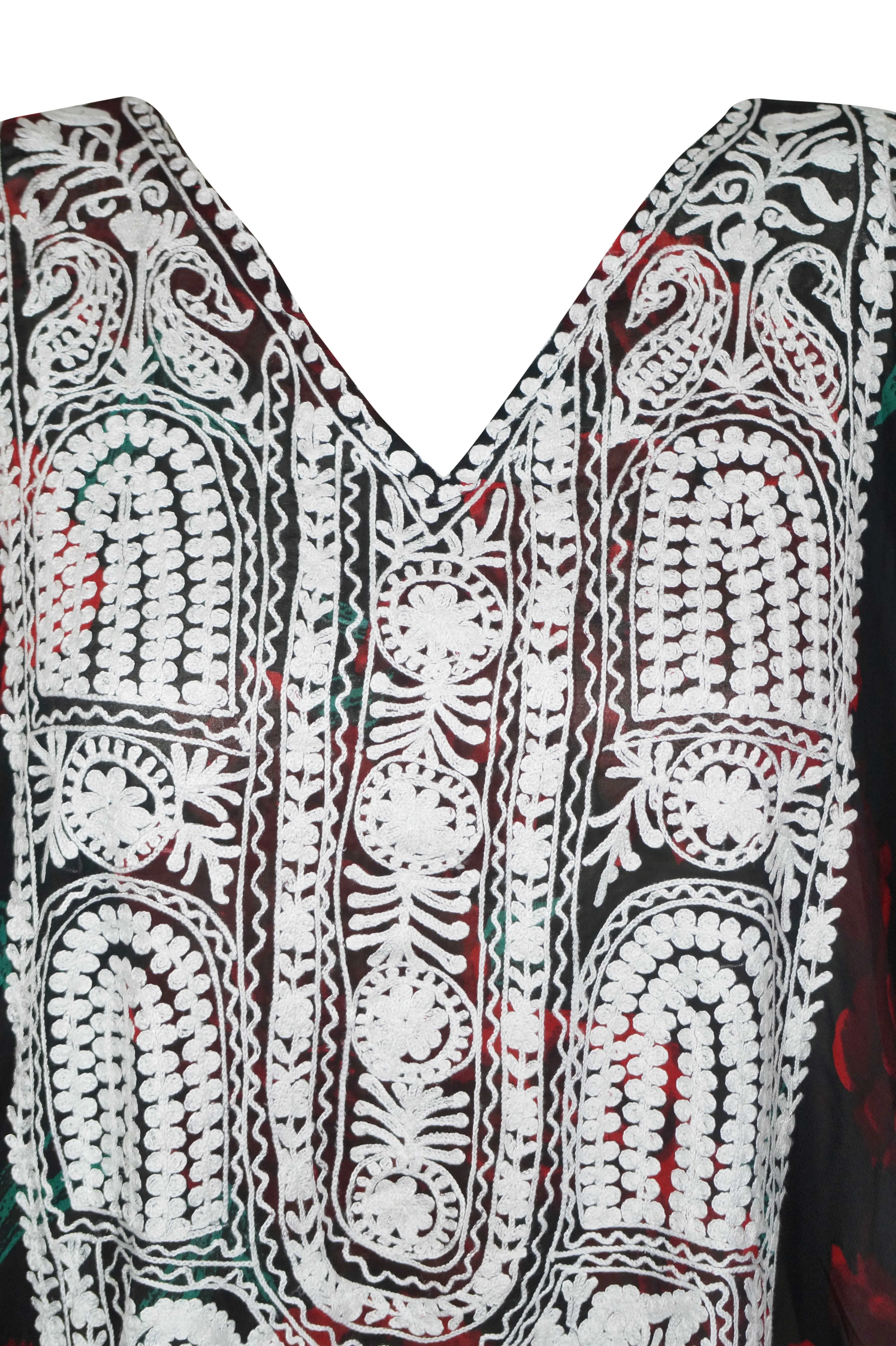Kaftan Maxi Dress Georgette Red ,Black Floral Embroidered Resort Wear Dresses, 4XL