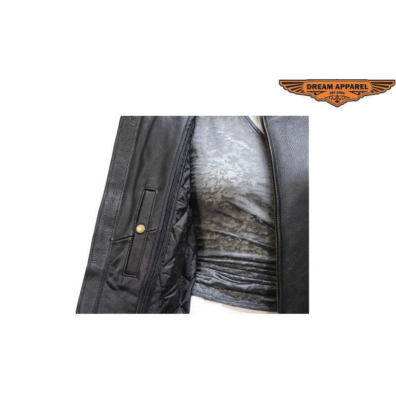 Ladies Vented Leather Motorcycle Jacket Flame on Sleeves and Back Side Laces