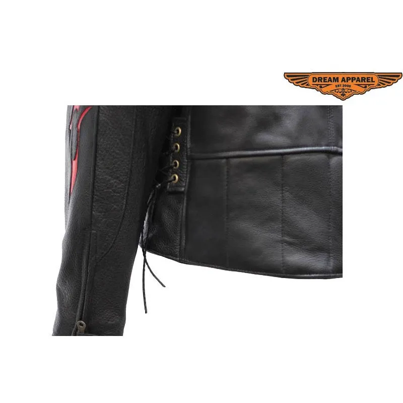 Ladies Vented Leather Motorcycle Jacket Flame on Sleeves and Back Side Laces