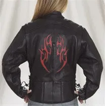 Ladies Vented Leather Motorcycle Jacket Flame on Sleeves and Back Side Laces