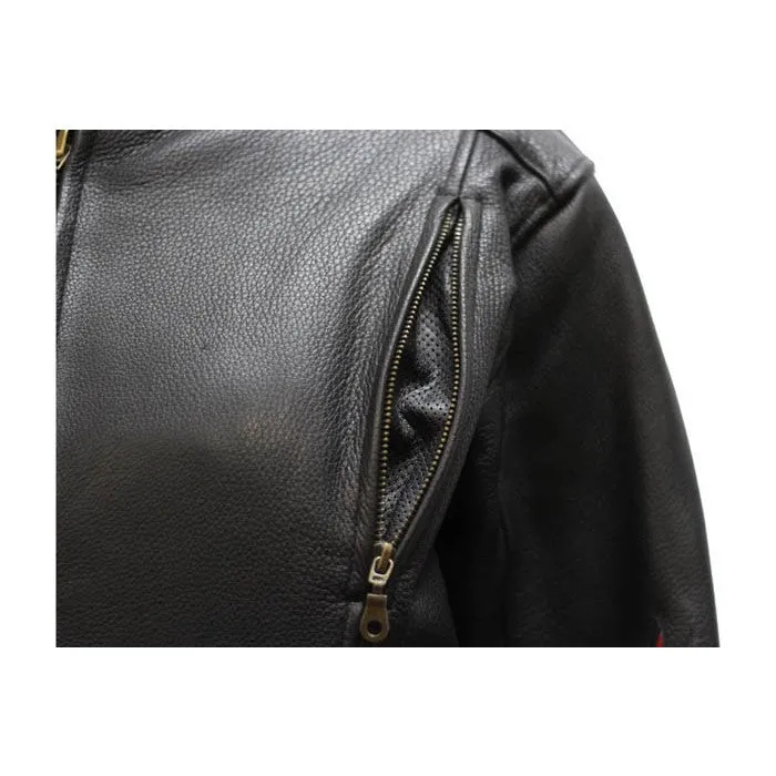 Ladies Vented Leather Motorcycle Jacket Flame on Sleeves and Back Side Laces