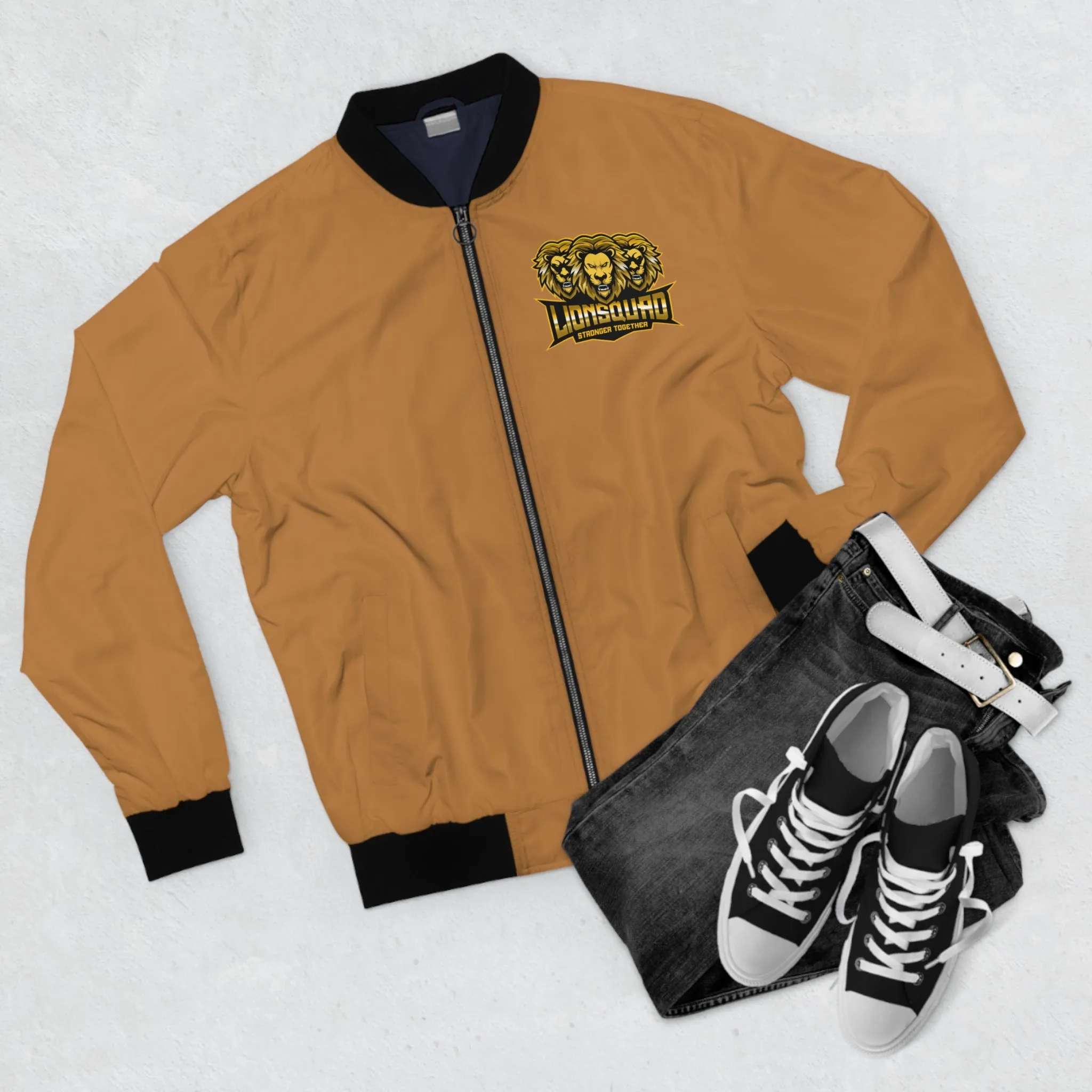 Light Brown "LIONSQUAD" Men's Bomber Jacket (AOP)