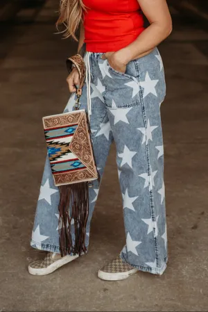 LIGHT MINERAL WASH STAR PRINT DRAWSTRING DENIM | PANTS