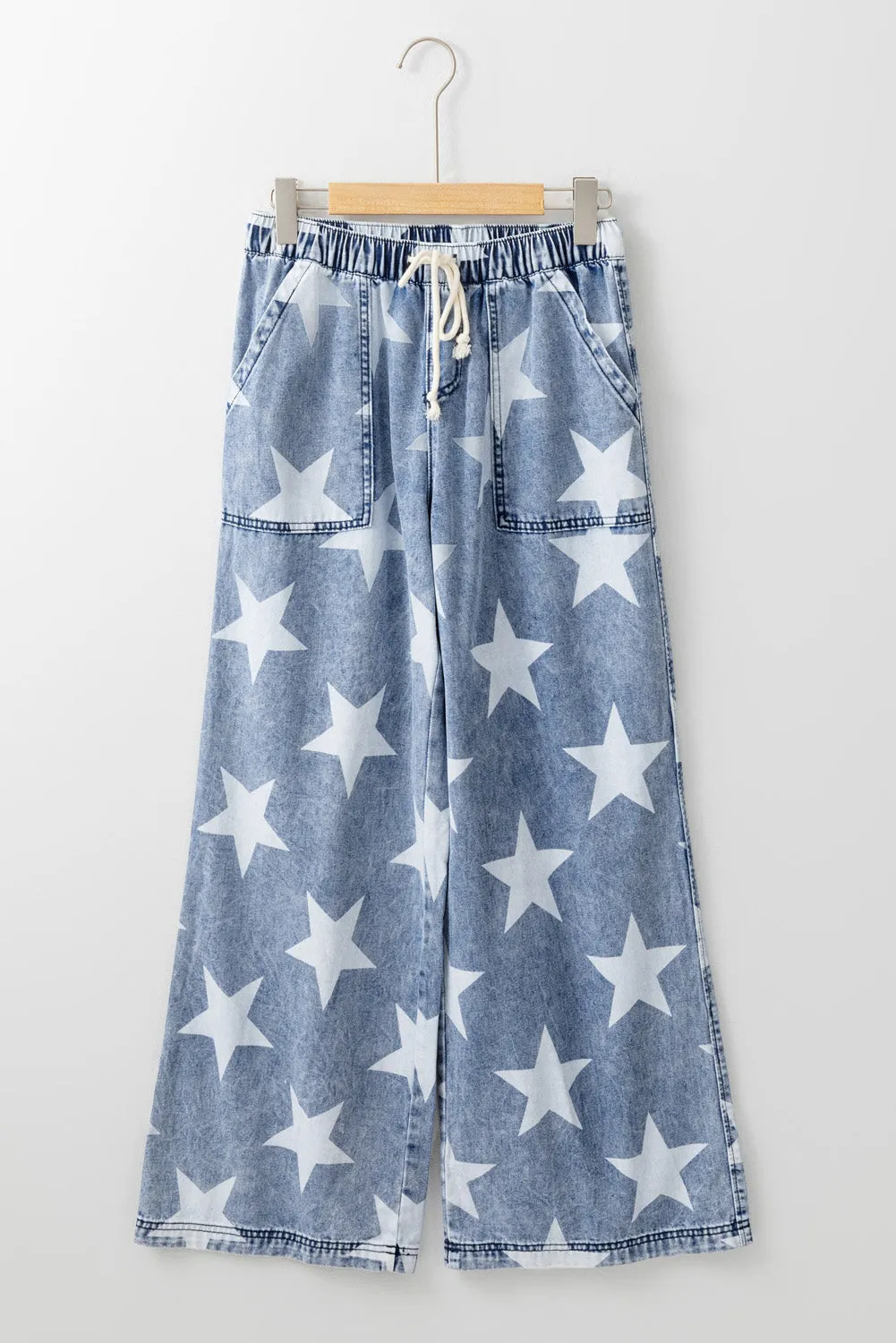 LIGHT MINERAL WASH STAR PRINT DRAWSTRING DENIM | PANTS