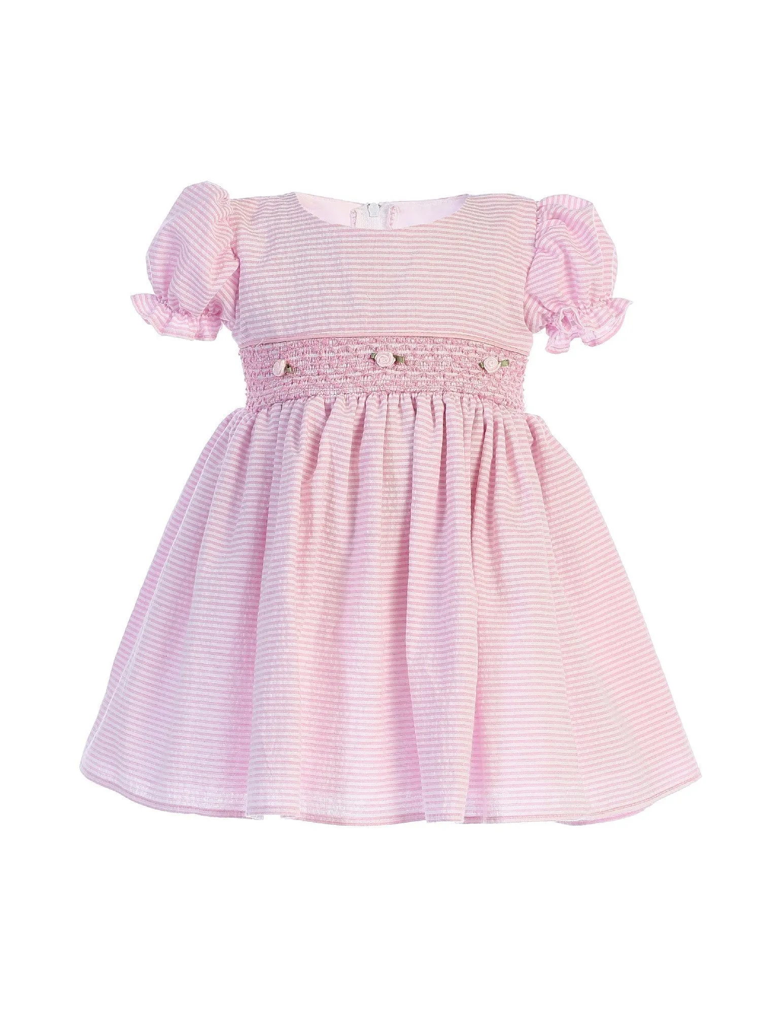 Little Girls Pink Stripes Smocked Waist Easter Dress 2T-4T
