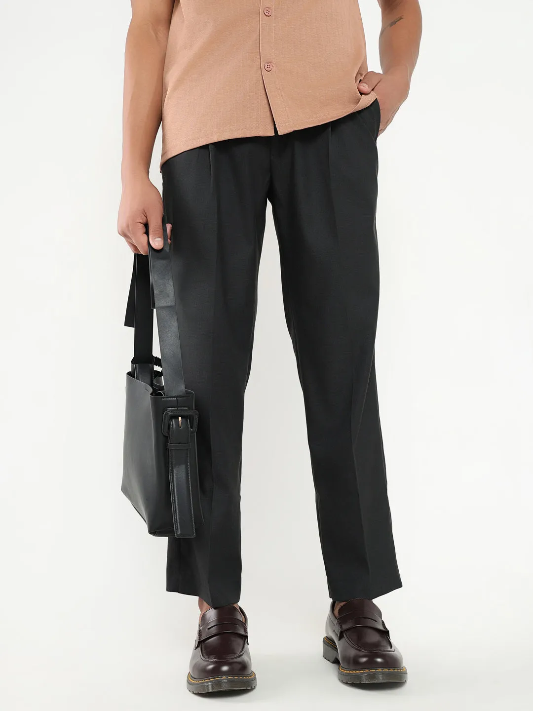 Men Charcoal Solid Comfort Loose Fit Formal Trousers
