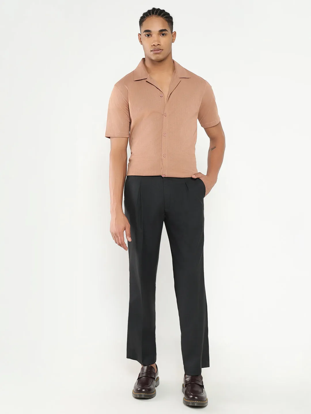 Men Charcoal Solid Comfort Loose Fit Formal Trousers