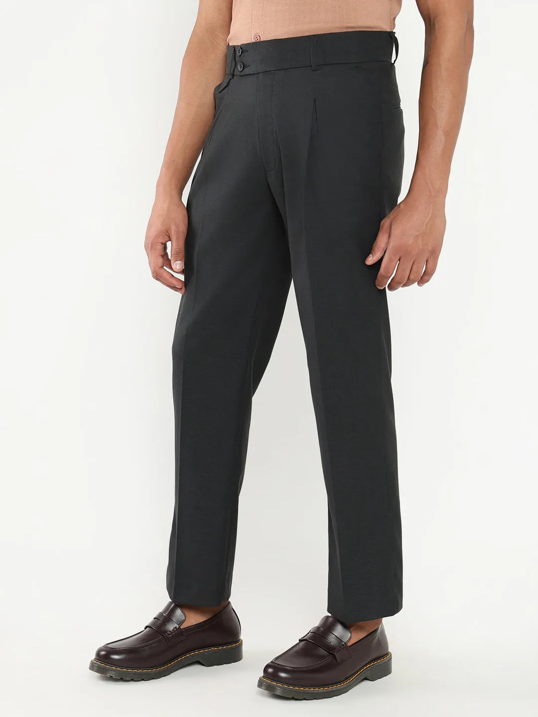 Men Charcoal Solid Comfort Loose Fit Formal Trousers