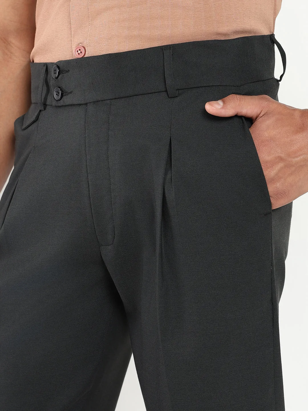 Men Charcoal Solid Comfort Loose Fit Formal Trousers