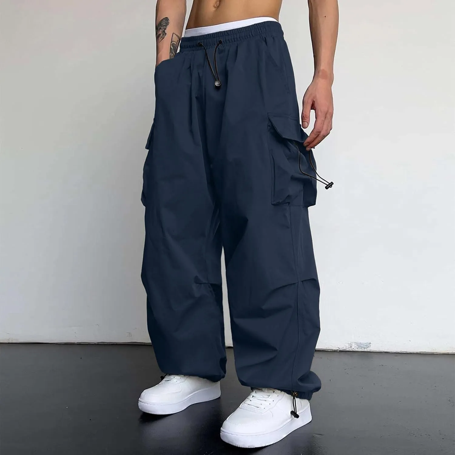 Men's Baggy Cargo Pants Casual Parachute Pants Cotton Stretch Loose Fit Sweatpants with Multiple Pockets