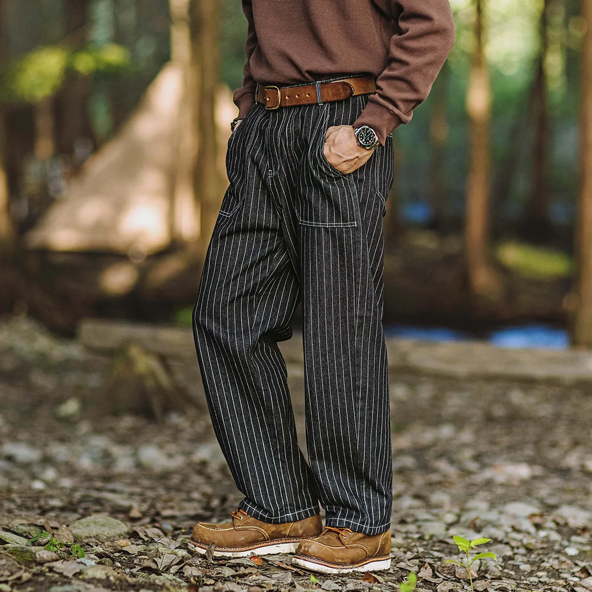 Men's Vintage Camping Loose High Waist Straight-leg Striped Cargo Jeans
