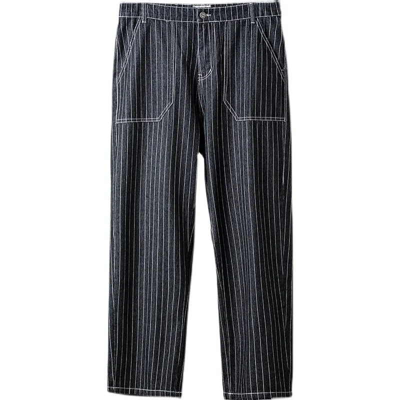 Men's Vintage Camping Loose High Waist Straight-leg Striped Cargo Jeans