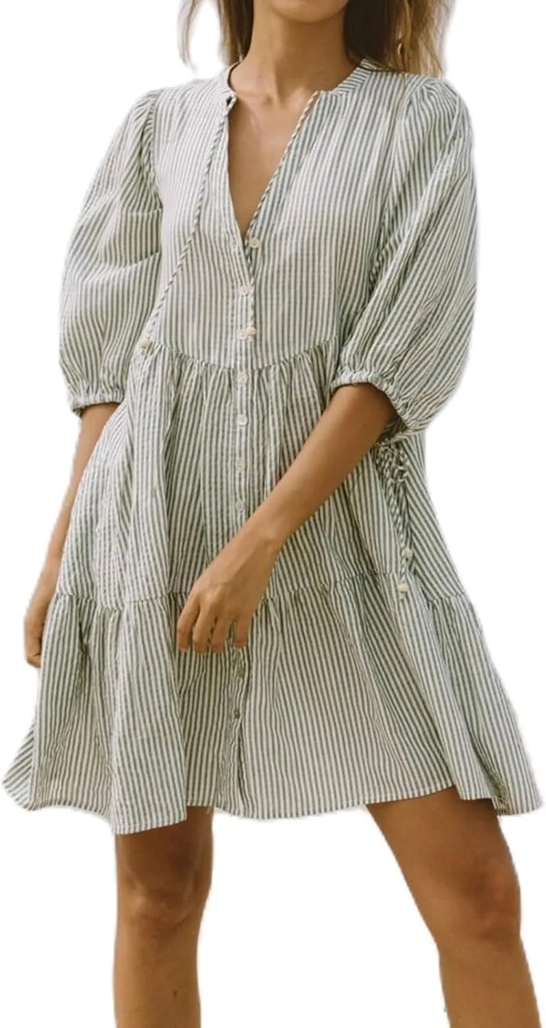 MOLERFO Women Striped Y2k Mini Shirt Dress Summer Ruffle Puff Short Sleeve Floral Print Flowy Casual Babydoll Dresses