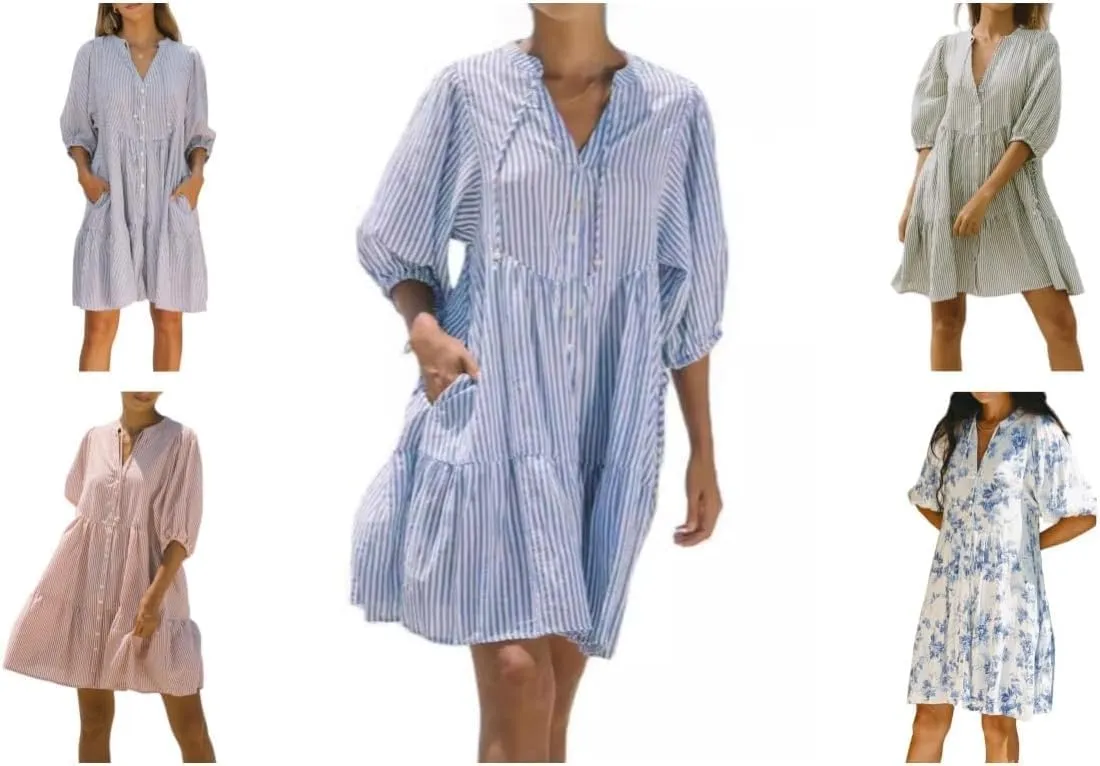 MOLERFO Women Striped Y2k Mini Shirt Dress Summer Ruffle Puff Short Sleeve Floral Print Flowy Casual Babydoll Dresses