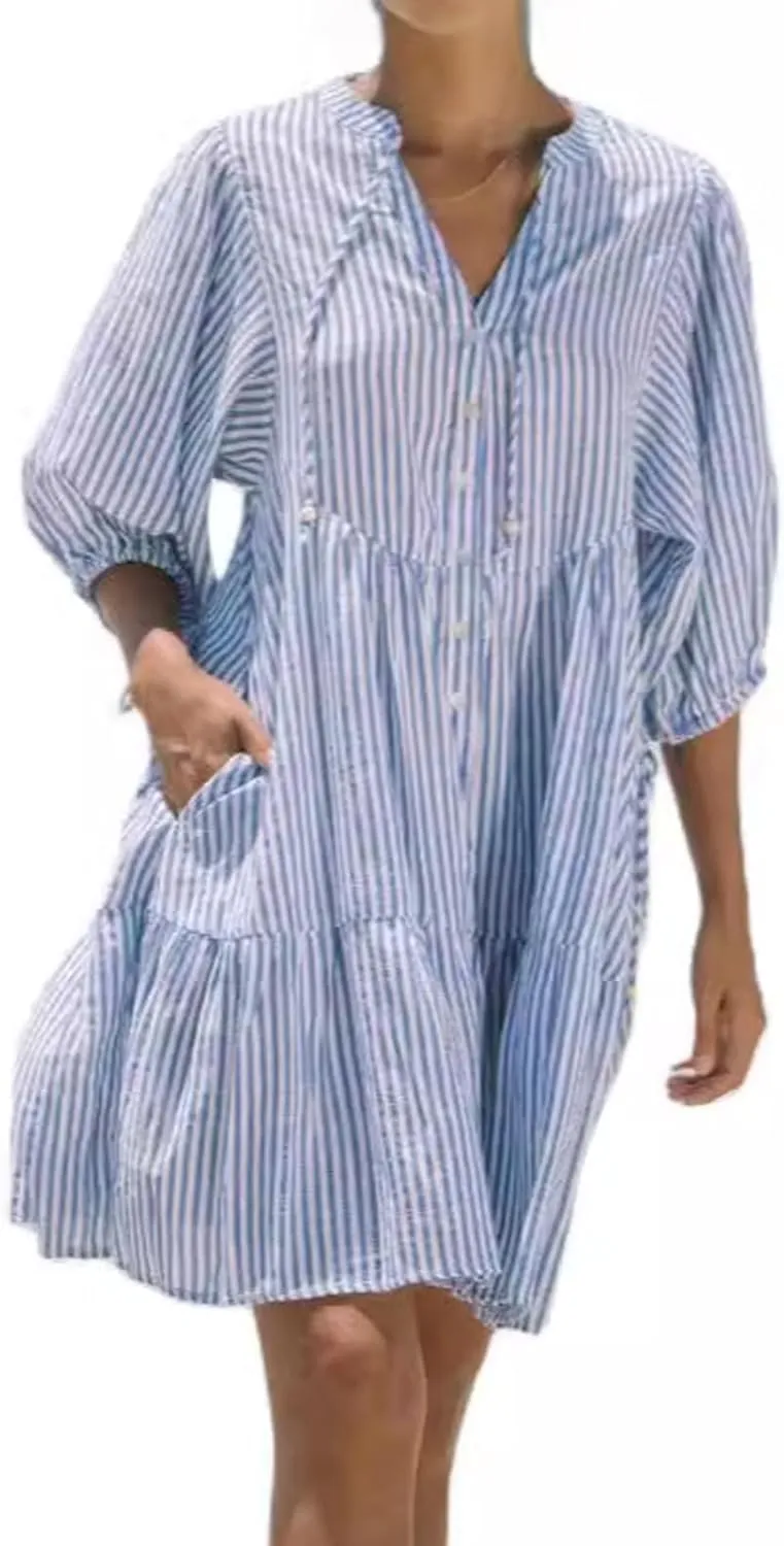 MOLERFO Women Striped Y2k Mini Shirt Dress Summer Ruffle Puff Short Sleeve Floral Print Flowy Casual Babydoll Dresses
