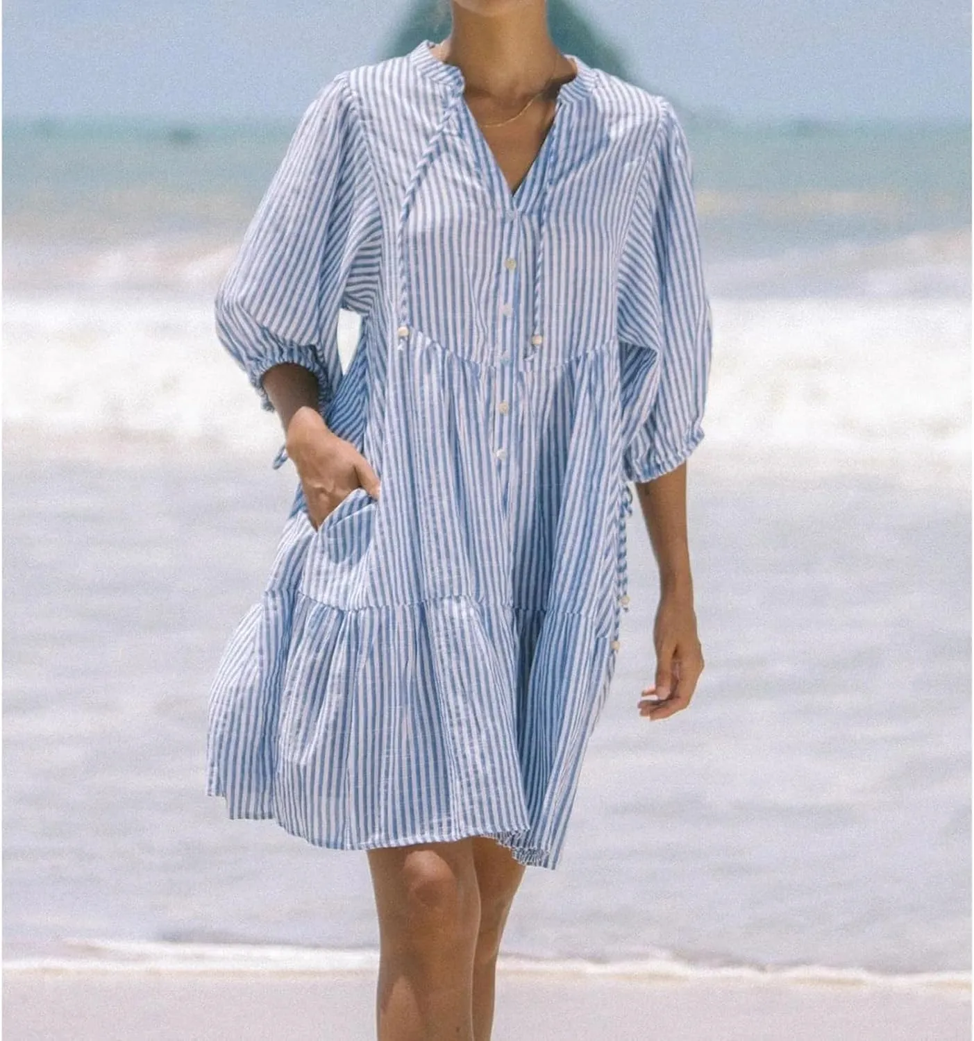 MOLERFO Women Striped Y2k Mini Shirt Dress Summer Ruffle Puff Short Sleeve Floral Print Flowy Casual Babydoll Dresses