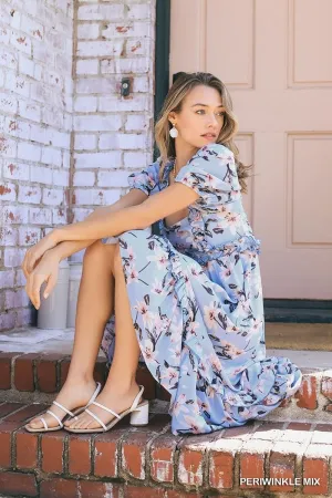 Multi Border Print Square Neckline Tiered Midi Dress
