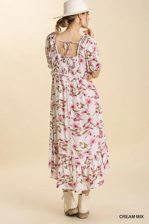 Multi Border Print Square Neckline Tiered Midi Dress