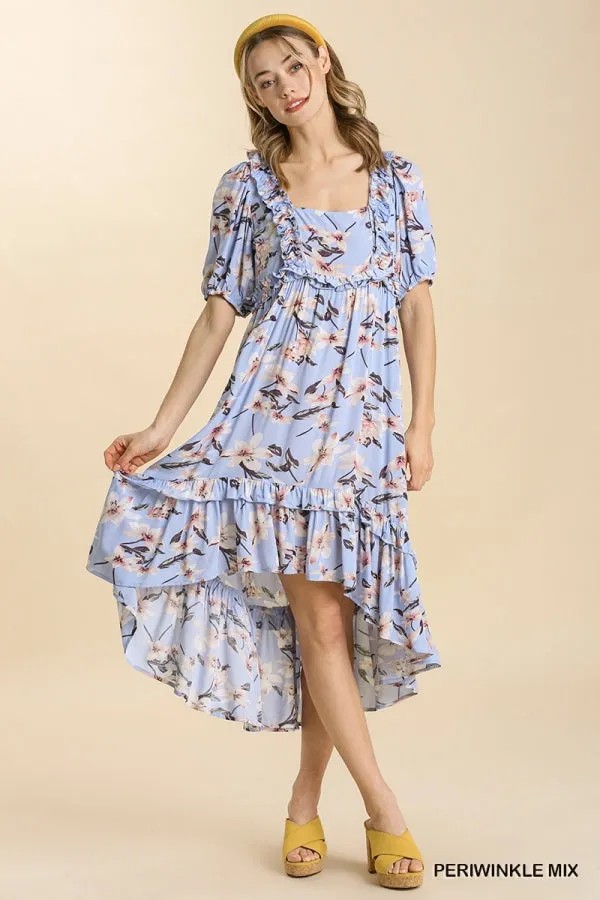 Multi Border Print Square Neckline Tiered Midi Dress