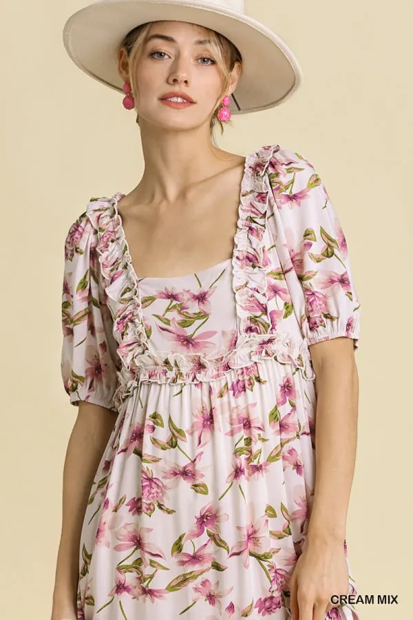 Multi Border Print Square Neckline Tiered Midi Dress