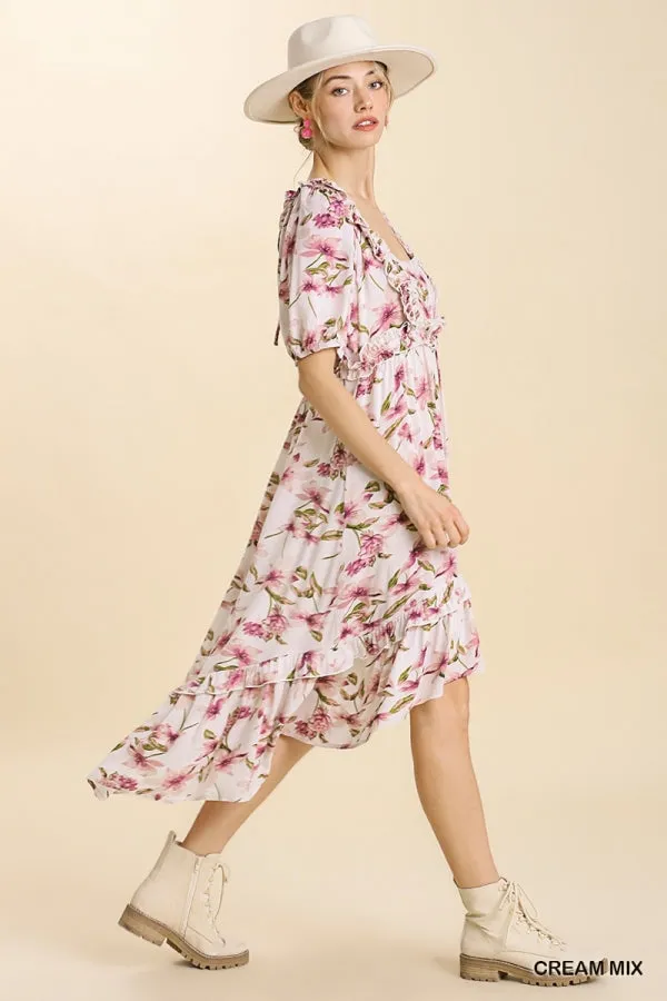 Multi Border Print Square Neckline Tiered Midi Dress