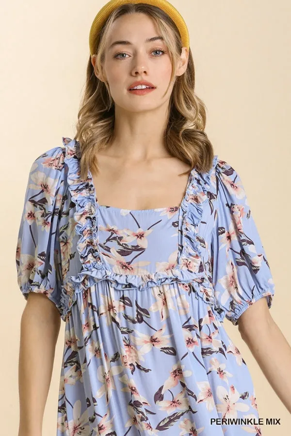 Multi Border Print Square Neckline Tiered Midi Dress