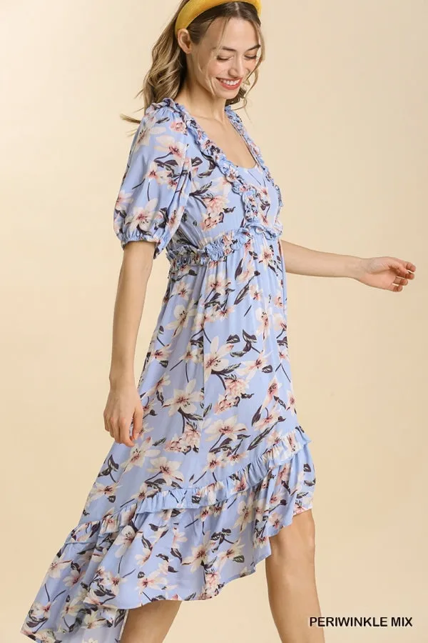 Multi Border Print Square Neckline Tiered Midi Dress
