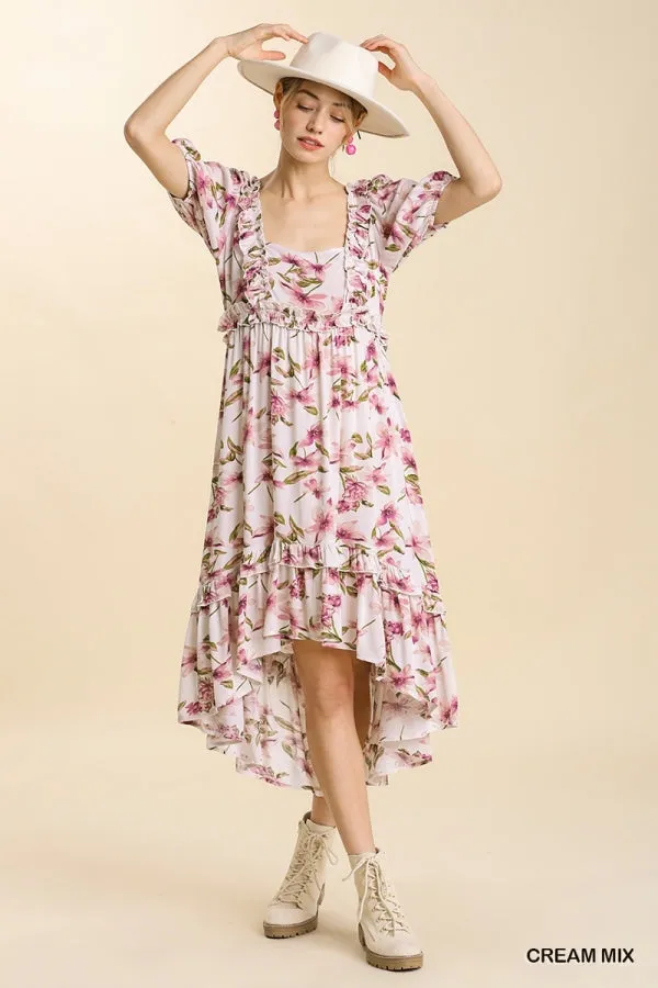 Multi Border Print Square Neckline Tiered Midi Dress