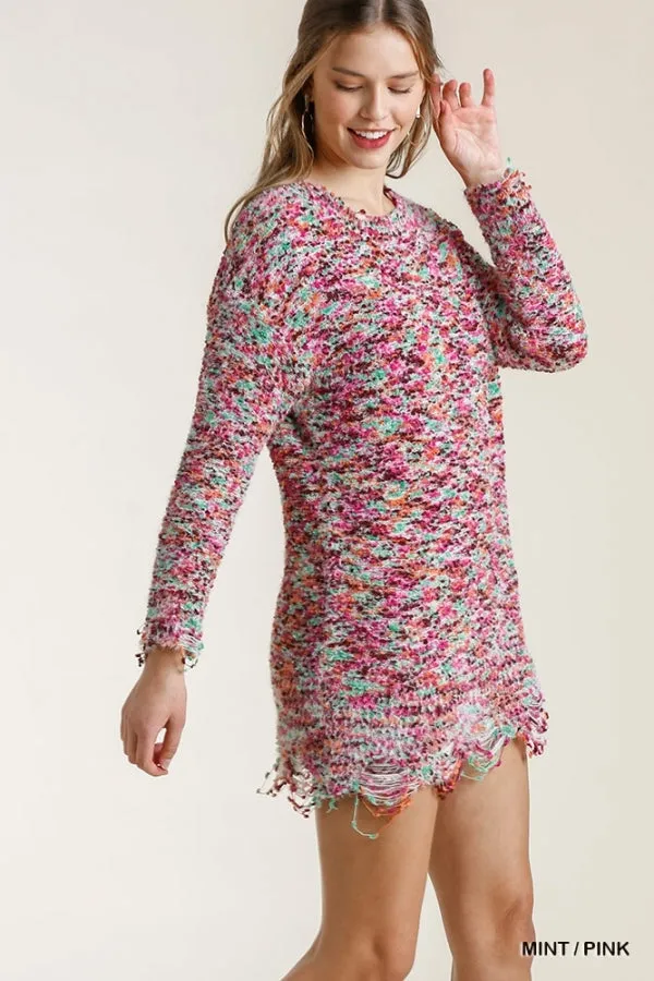 Multicolored Round Neck Knit Tunic Distressed Hem Dress