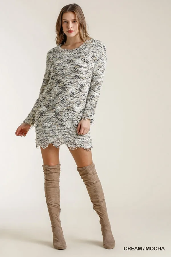 Multicolored Round Neck Knit Tunic Distressed Hem Dress