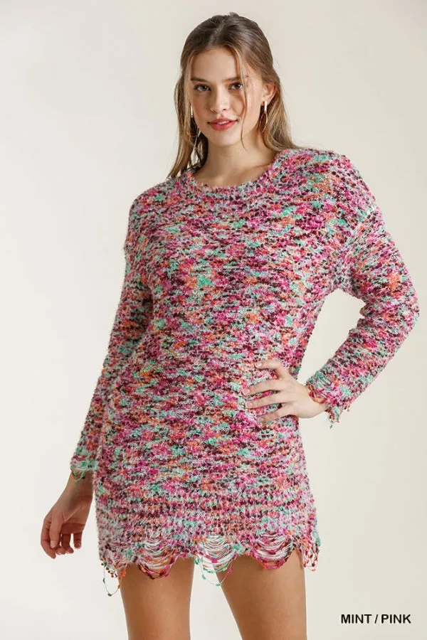Multicolored Round Neck Knit Tunic Distressed Hem Dress