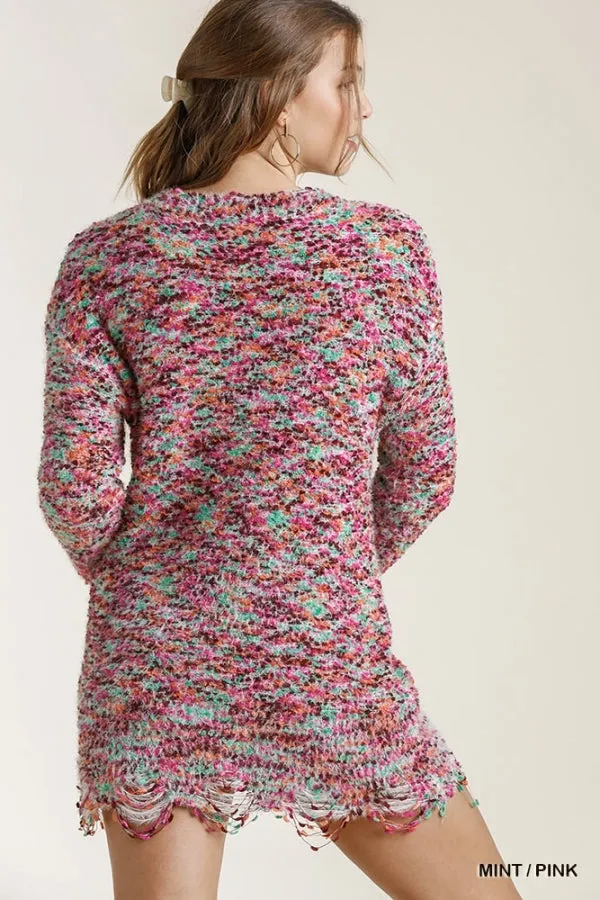 Multicolored Round Neck Knit Tunic Distressed Hem Dress