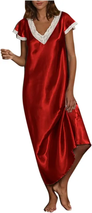 Nightgowns for Women Plus Size Lace Patchwork Short Sleeve V Neck Maxi Dress Soft Comfy Silk Satin Dress Sleepwear