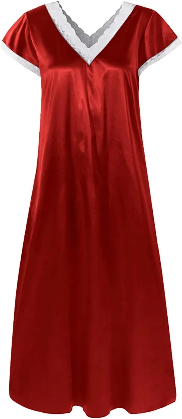 Nightgowns for Women Plus Size Lace Patchwork Short Sleeve V Neck Maxi Dress Soft Comfy Silk Satin Dress Sleepwear